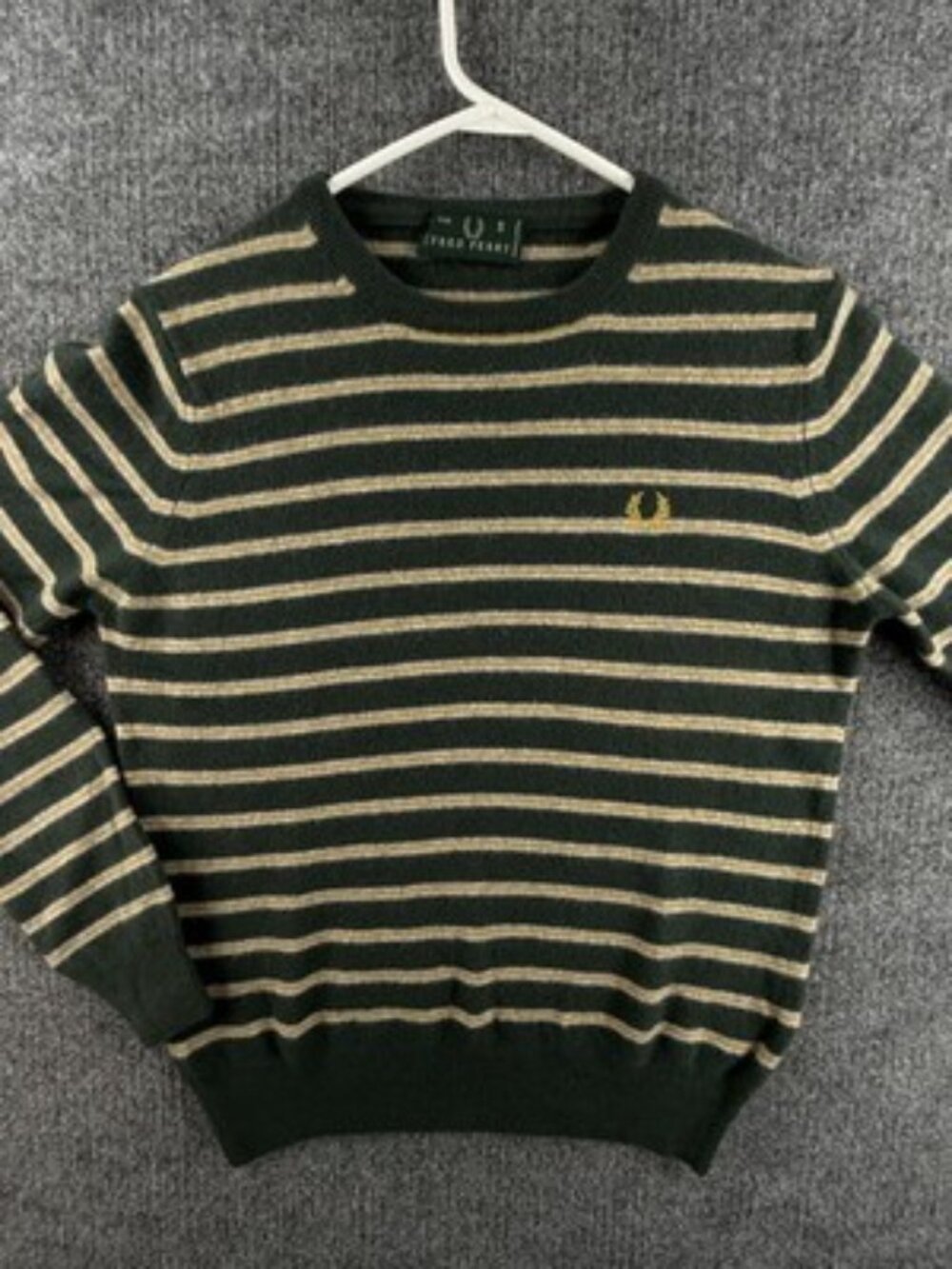 Fred Perry Small Striped All Wool Crew Neck Long Sleeve Italy Green Sweater Mens